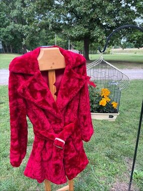 1960s Plush Red Faux-Fur Belted Coat Double Breasted with brass buckle